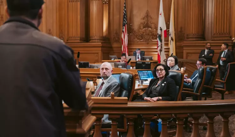 Supervisors Joel Engardio (far left), Myrna Melgar (center left), Connie Chan (center right) and Dean Preston (right) listen to public comment during the Board of Supervisors meeting within the Board of Supervisors Chambers at City Hall in San Francisco, Calif. on Tuesday, Feb. 28, 2023. | Michaela Vatcheva for The Standard