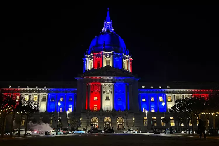 San Francisco City Hall is lit up red, white and blue on election night on Nov. 8, 2022. | Mike Kuba/The Standard