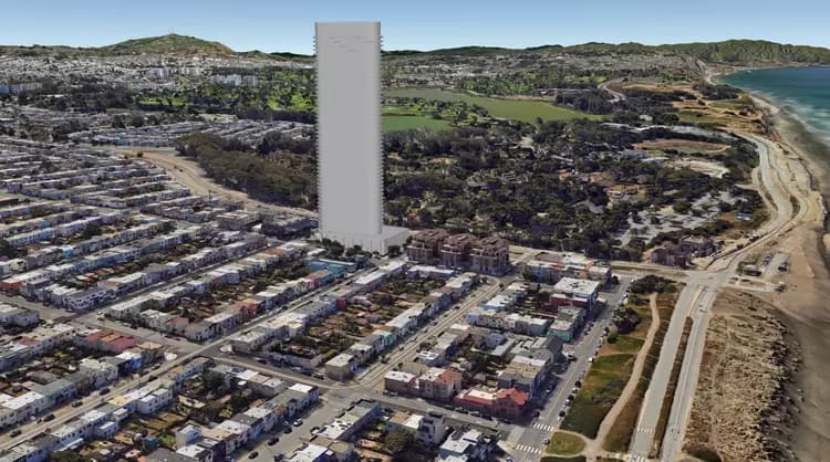 An early rendering depicts plans for a 50-story skyscraper project in the sleepy Outer Sunset neighborhood. | Courtesy Solomon Cordwell Buenz