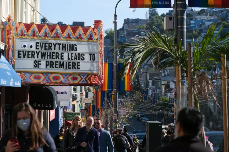 The Castro Theatre’s marquee brags about the “Everything, Everywhere, All At Once” premiere in San Francisco on March 20, 2022. The googly eyes are a reference to a joke in the film. | Camille Cohen/The Standard