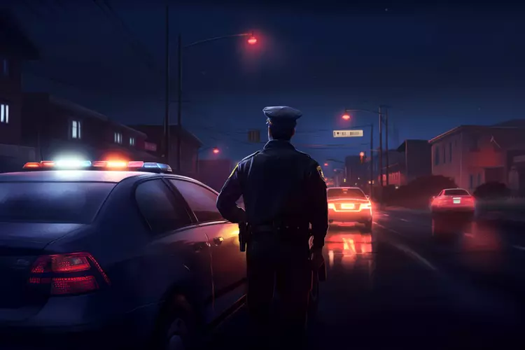 An illustration generated by the artificial intelligence program Midjourney depicts a San Francisco police officer pulling over a vehicle during a traffic stop.