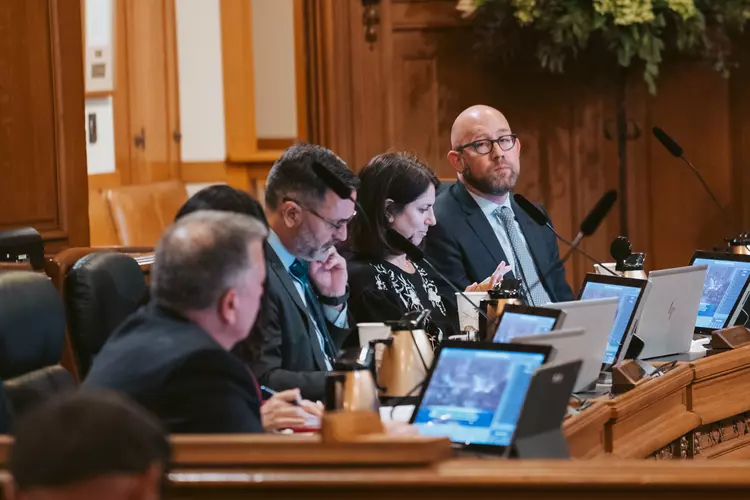 Rafael Mandelman, right, and other supervisors attend the Board of Supervisors meeting at San Francisco City Hall on Feb. 28, 2023. | Michaela Vatcheva for The Standard