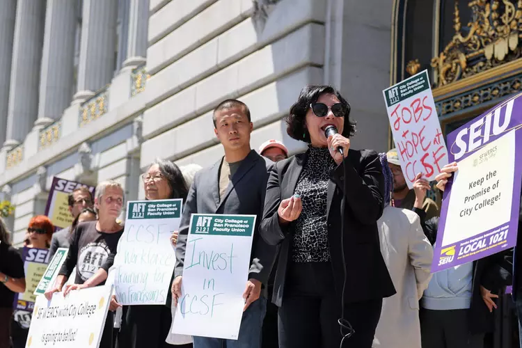 Supervisor Myrna Melgar (right) speaks at a rally with San Francisco City College faculty and staff on July 11, 2022. | Juliana Yamada/The Standard