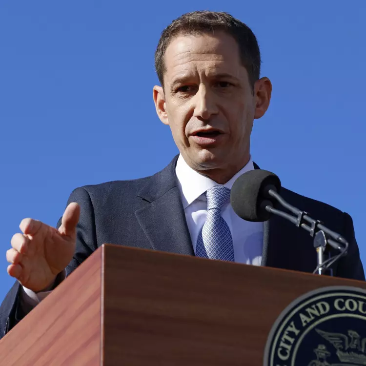 Mayor Daniel Lurie speaks at his inauguration Wednesday in front of City Hall.